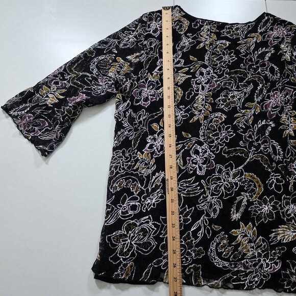Canda C&A Top Womens L Black Floral Lined 3/4 Sheer Sleeves Lagenlook Whimsigoth - Picture 6 of 15
